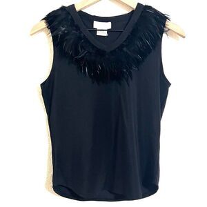 Vintage Laurentino Black Sleeveless Top Black Feather Neckline V-neck 90’s